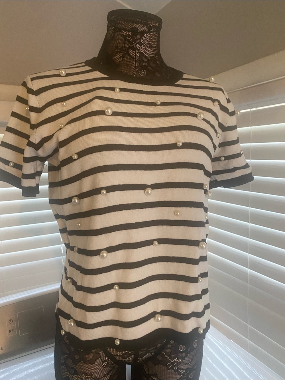 Chelsea & Theodore Black and White Striped Pearl-Embellished Short Sleeve Tee